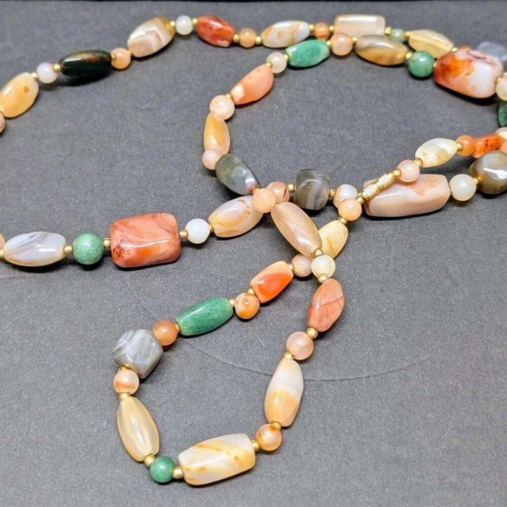 Multicolor Vintage Polished Agate Stone Beaded 45" Necklace Medium Large Chunky